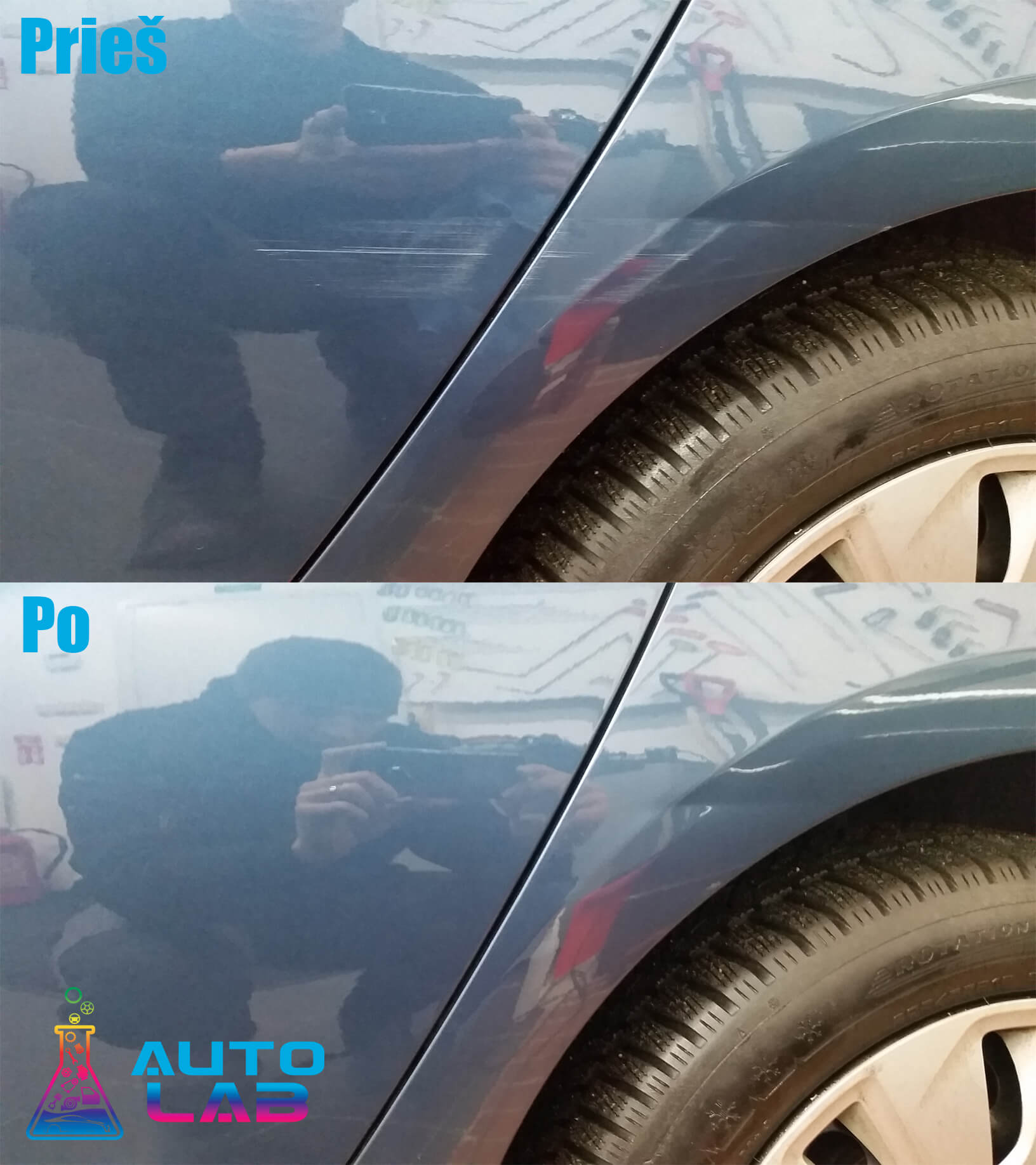 Automobilio kėbulo įbrėžimas prieš ir po vietinės korekcijos AutoLAB