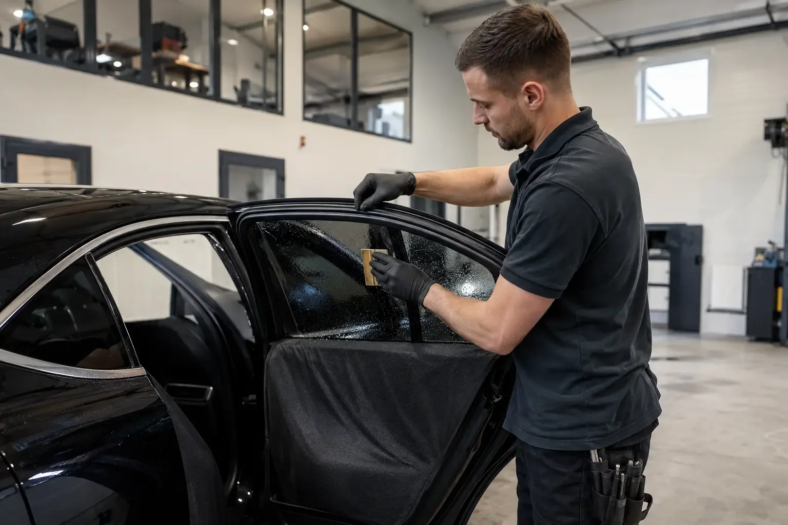 Technikas iš salono pusės montuoja tamsinimo plėvelę ant galinio šoninio automobilio stiklo