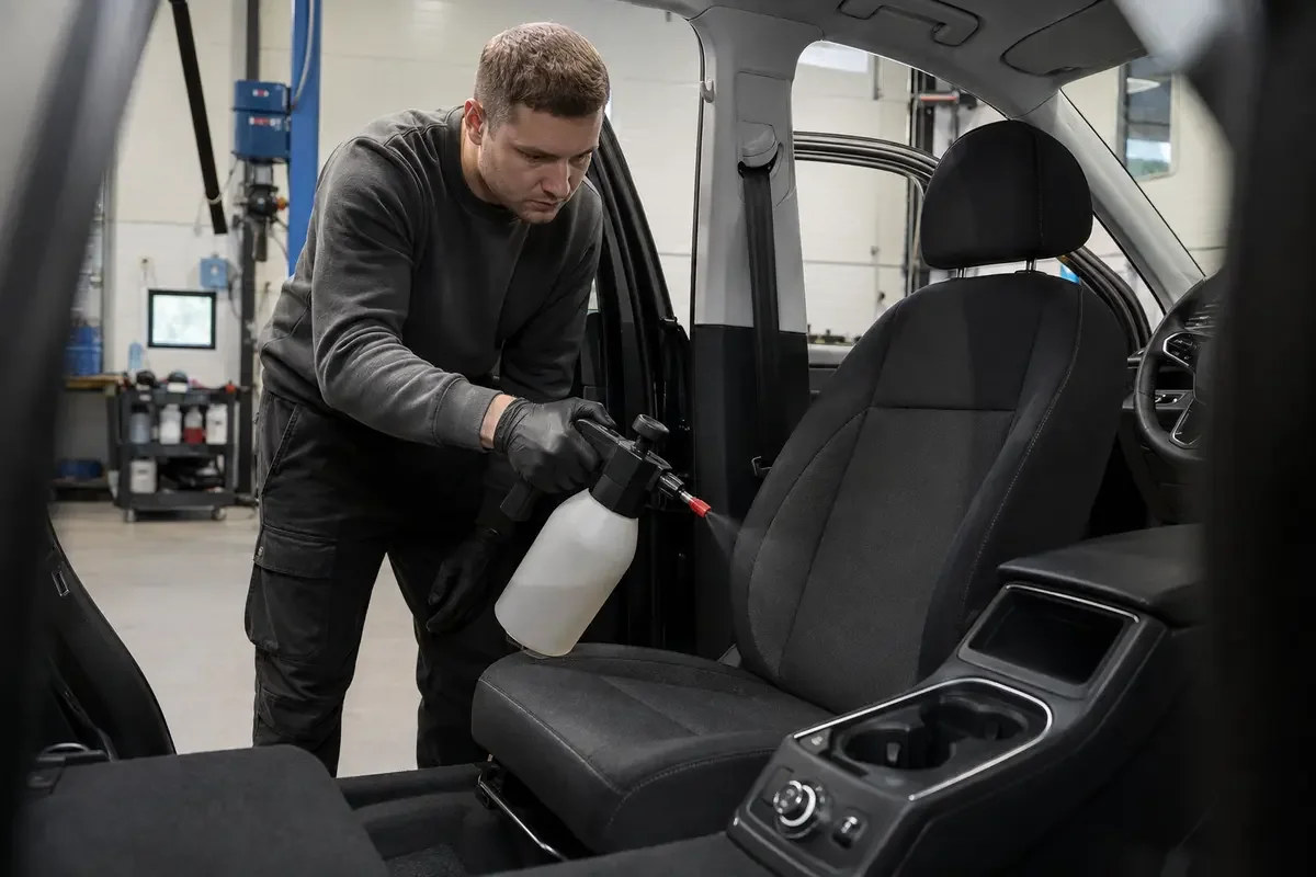 Apsauginės dangos dengimo procesas ant automobilio tekstilinės sėdynės